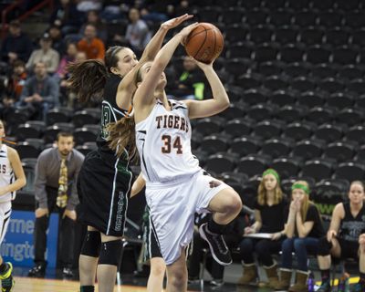 Republic's Sierra McQuay gets a shot off with pressure from Evergreen Lutheran's Emily Holder. (Dan Pelle)