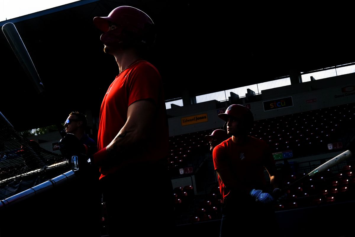 The Spokane Indians dial in their swings during batting practice before facing the Eugene Emeralds on Wednesday, Sep 22, 2021, at Avista Stadium in Spokane, Wash.  (Tyler Tjomsland/The Spokesman-Review)