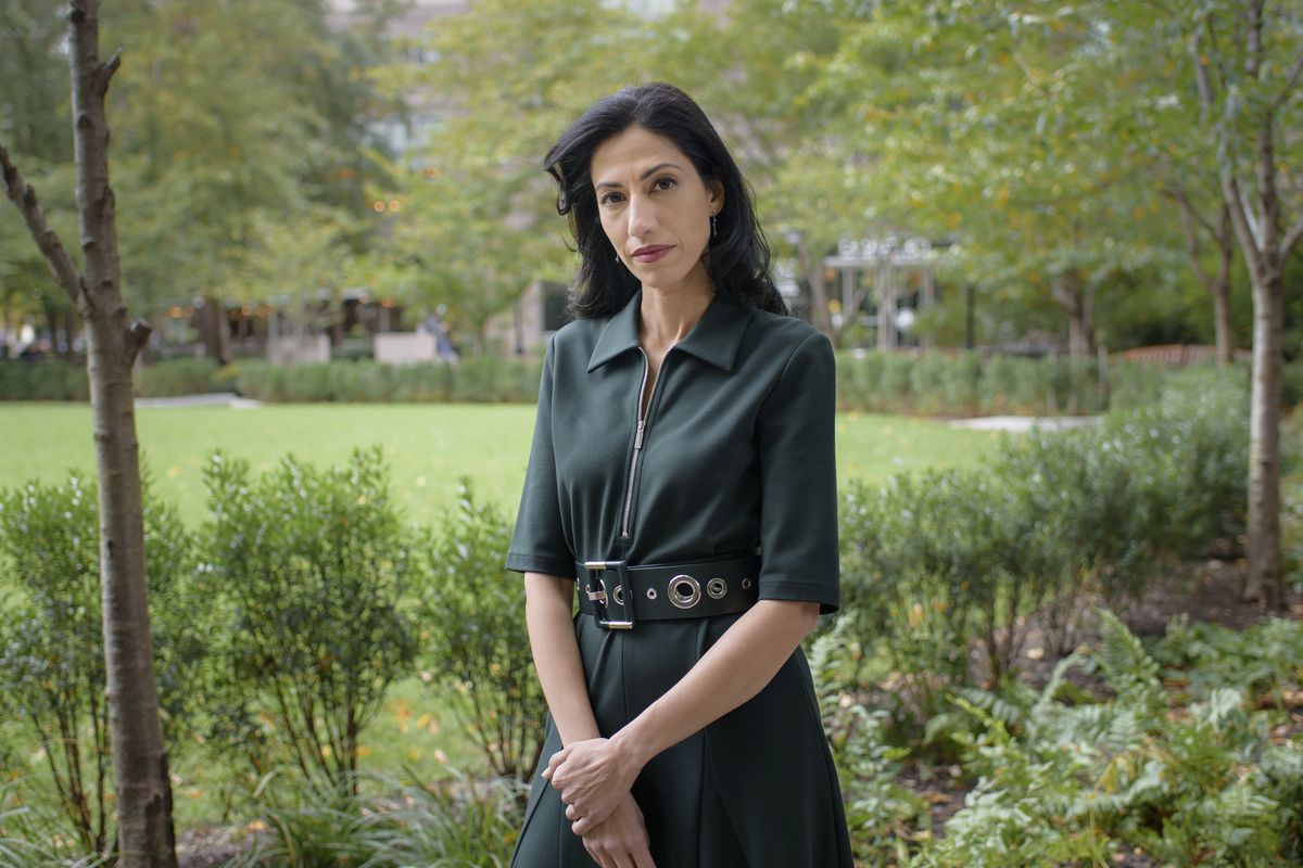Huma Abedin poses for a portrait at a park in New York to promote her memoir "Both/And: A Life in Many Worlds" on Wednesday, Oct. 27, 2021.  (Christopher Smith)