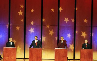 From left, Larry LaRocco, Rex Rammell,  Pro-Life and Jim Risch square off in a debate for the U.S. Senate seat vacated by Larry Craig on Tuesday at Northwest Nazarene University in Nampa, Idaho. Idaho Press-Tribune (Mike Vogt Idaho Press-Tribune / The Spokesman-Review)