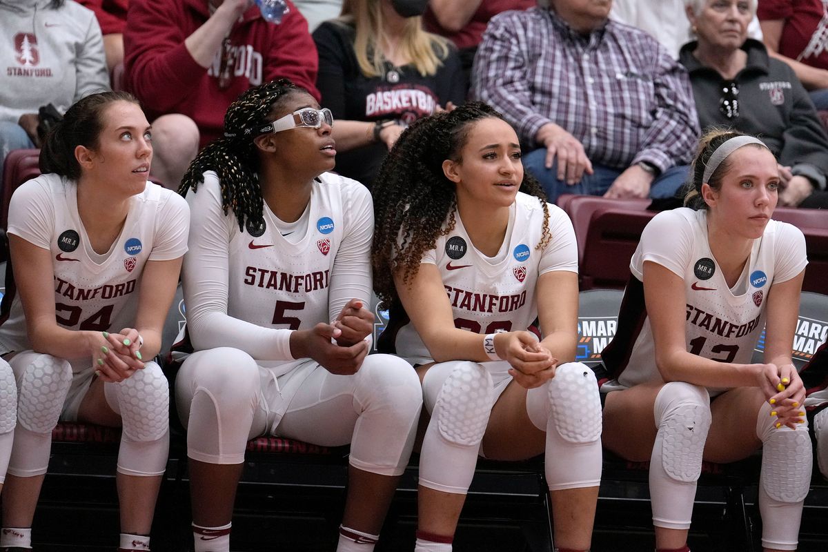 Left to right, Stanford’s Lacie Hull, Francesca Belibi, Haley Jones and Lexie Hull watch the Cardinals polish off a 91-65 win over Kansas in the second round Sunday.  (Tony Avelar)