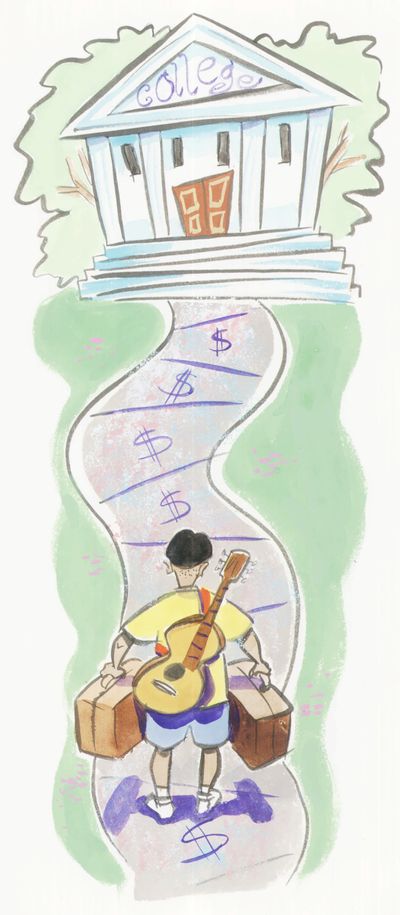 Kid with suitcases at the start of the walk to college front door. The walk is paved with dollar signs. Staff illustration by A. Heitner. (File / The Spokesman-Review)