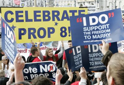 Supporting and opponents of Proposition 8 demonstrate  in San Francisco on Thursday as the state Supreme Court hears arguments on lawsuits seeking to overturn the ban on same-sex marriages.  (Associated Press / The Spokesman-Review)