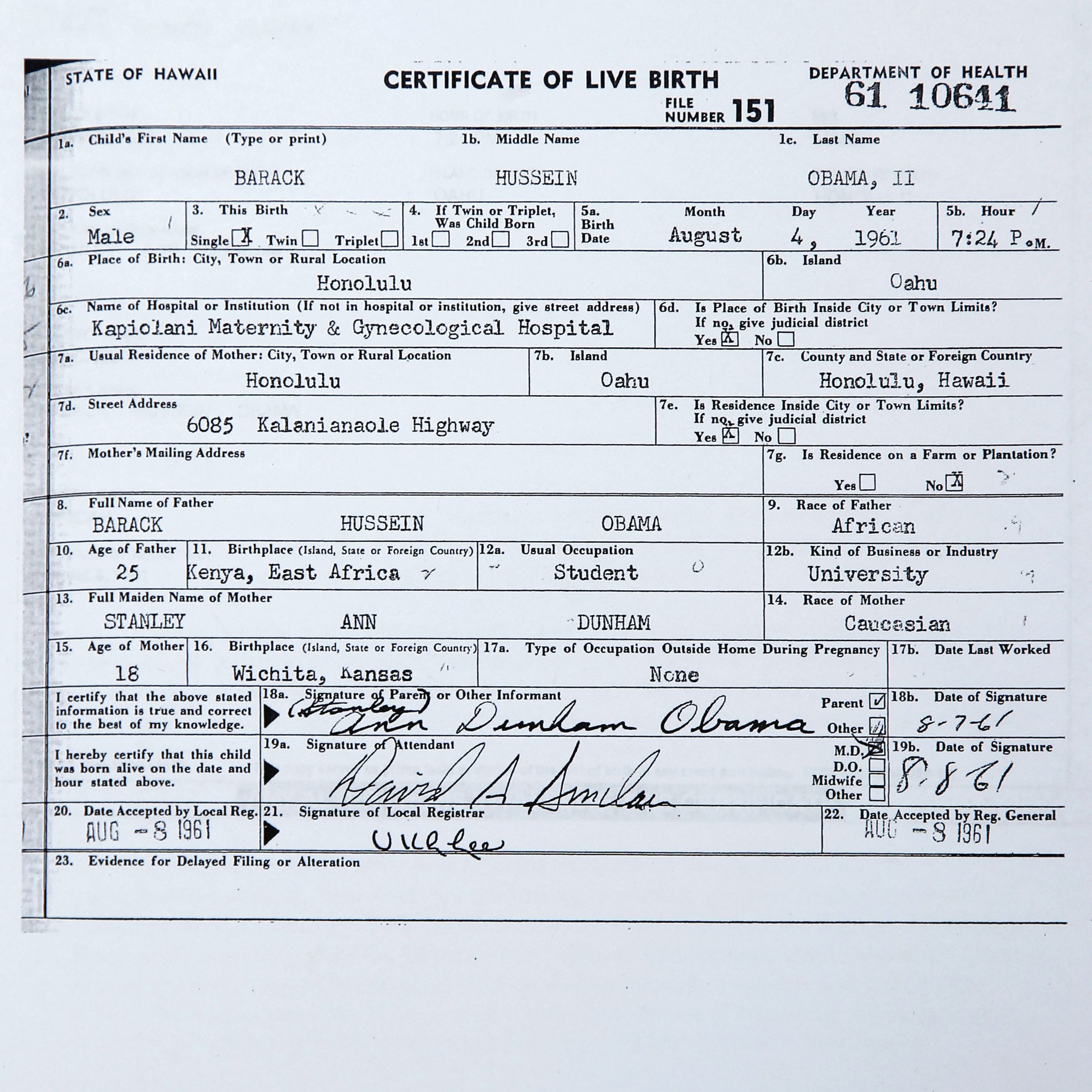 Obama's Birth Certificate: Born in Honolulu