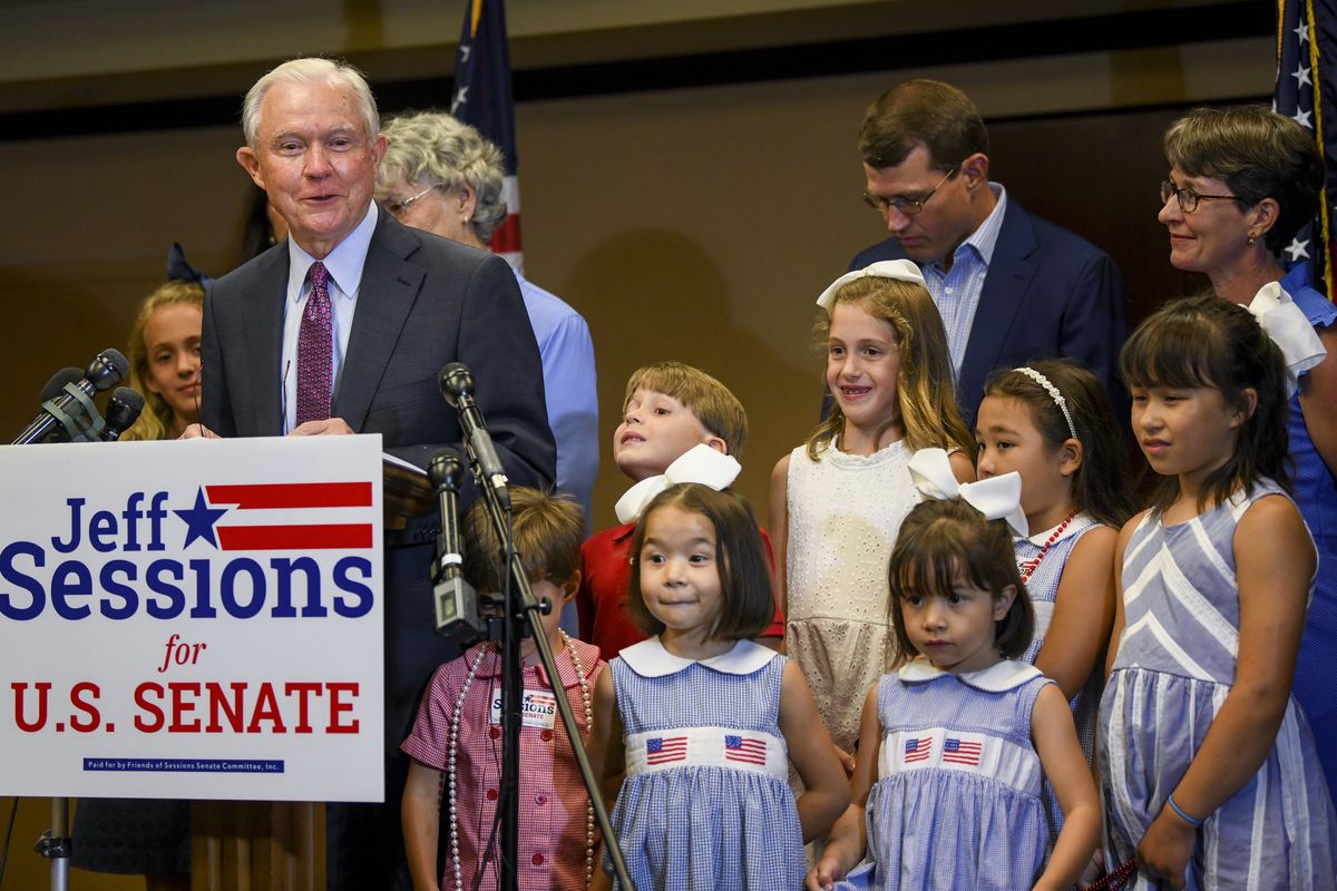 Former U.S. Attorney General Jeff Sessions, joined by family members, delivers his concession speech Tuesday, July 14, 2020, in Mobile, Ala. Sessions lost the Republican nomination for his old Senate seat to former college football coach Tommy Tuberville.  (Julie Bennett)