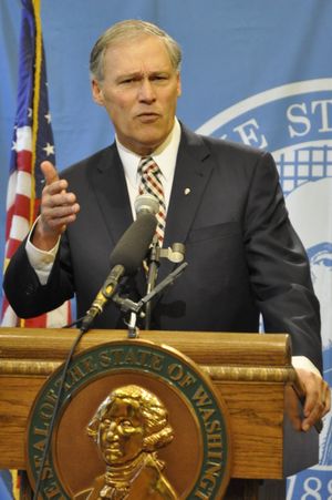 OLYMPIA -- Gov. Jay Inslee answers a question at a press conference Wednesday where he released a letter sent to State Auditor Troy Kelley demanding information about a federal investigation that has involved the auditor and his office.  (Jim Camden)