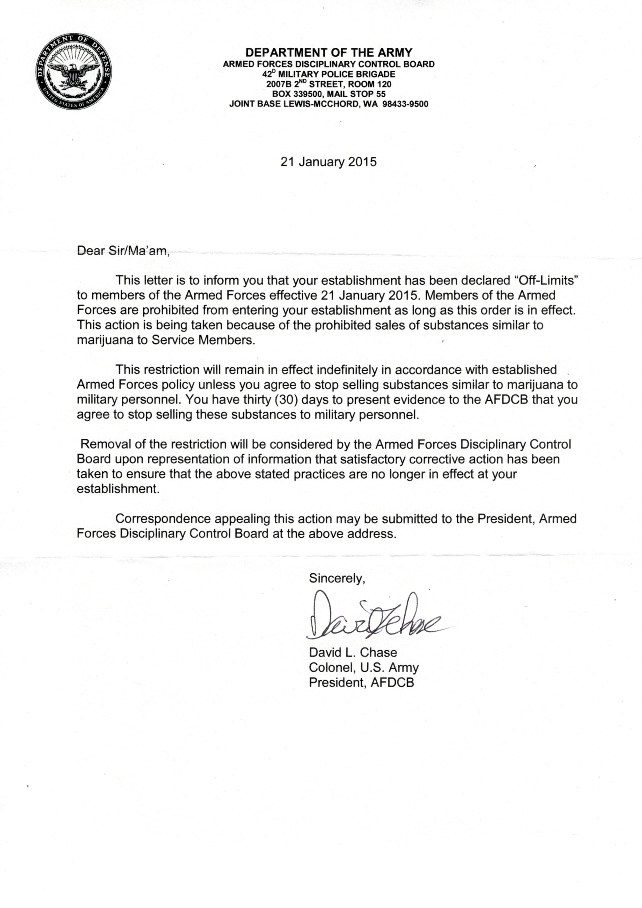 Letter declaring marijuana shops off limits to military personnel