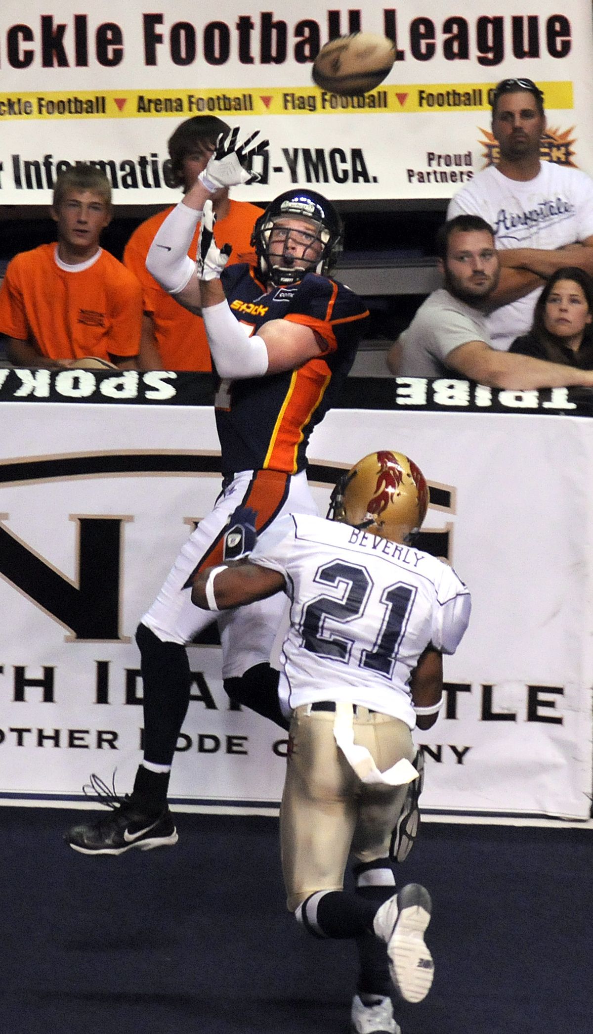 Spokane’s Andy Olson attempts a catch in the end zone. (Dan Pelle / The Spokesman-Review)