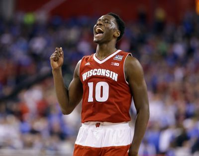 Nigel Hayes celebrates Badgers’ NCAA Final Four win Saturday. (Associated Press)