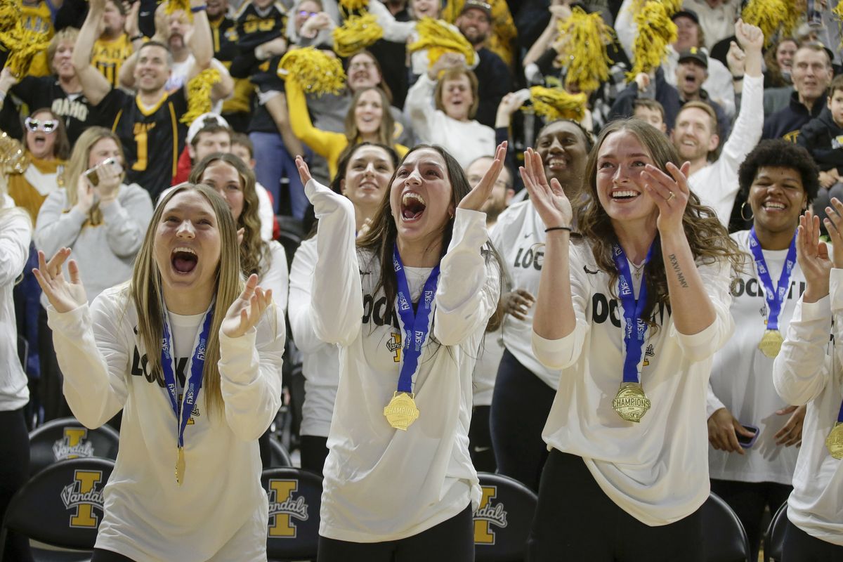 Members of the Idaho women’s basketball team celebrate during a watch party for the NCAA Tournament Selection Sunday on Sunday, March 15, 2026 at the ICCU Arena in Moscow Idaho. Idaho will play Oklahoma in the first round of the tournament.  (Geoff Crimmins)