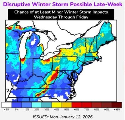 A ‘disruptive’ winter storm is possible in the Northeast and Mid-Atlantic later this week, the National Weather Service said Monday. This map shows the chances for at least minor winter storm impacts.  (National Weather Service)
