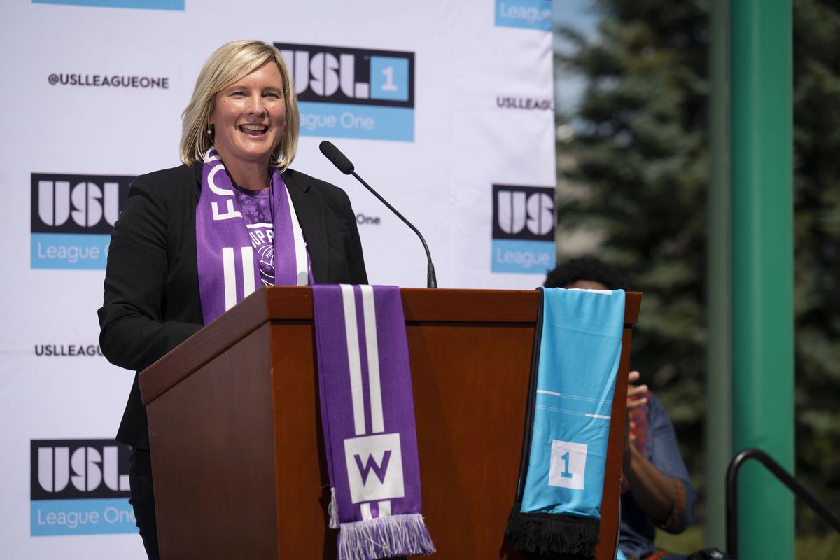 During a press conference at the Spokane Arena Wednesday, Cindy Wendle, new president of the United Soccer League to Spokane, announces that a women’s soccer league (USL-W) will come to Spokane in 2022, joining the men’s team already slated to come to Spokane.  (Colin Mulvany/THE SPOKESMAN-REVIEW)