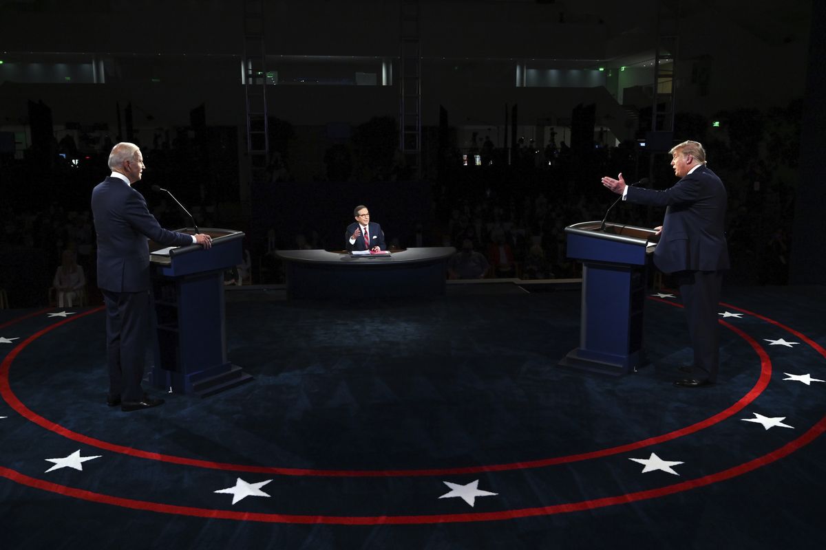 President Donald Trump and Democratic presidential candidate former Vice President Joe Biden participate in the first presidential debate Tuesday, Sept. 29, 2020, at Case Western University and Cleveland Clinic, in Cleveland, Ohio. (Olivier Douliery/Pool vi AP) ORG XMIT: OHJE303  (Olivier Douliery)
