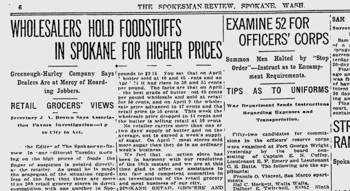 The soaring price of food, driven up by wartime shortages, continued to dominate the news. Many retailers were blaming wholesalers, The Spokesman-Review reported on April 26, 1917. (Spokesman-Review archives)