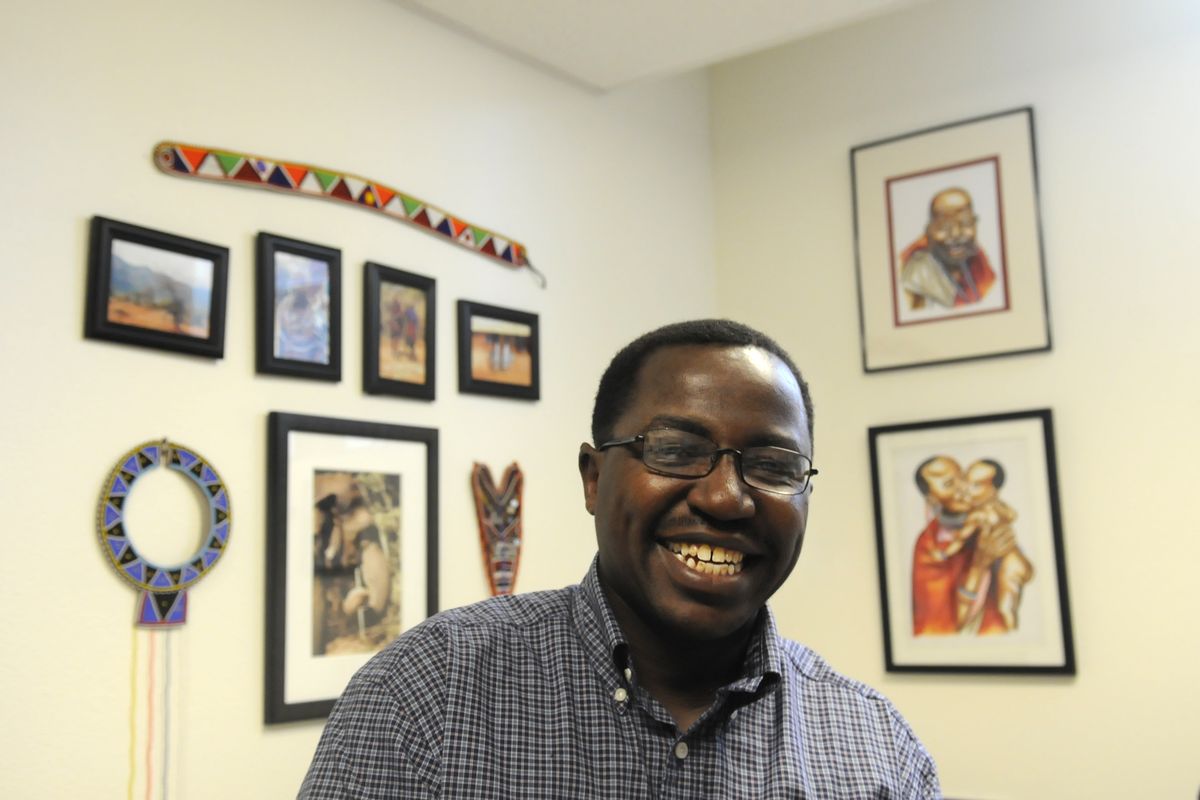 Theology professor Moses Pulei of Whitworth University, shown in his office on Tuesday,  will hold a conference Saturday about mission work in Africa. Pulei is Masai from Kenya. (Jesse Tinsley)