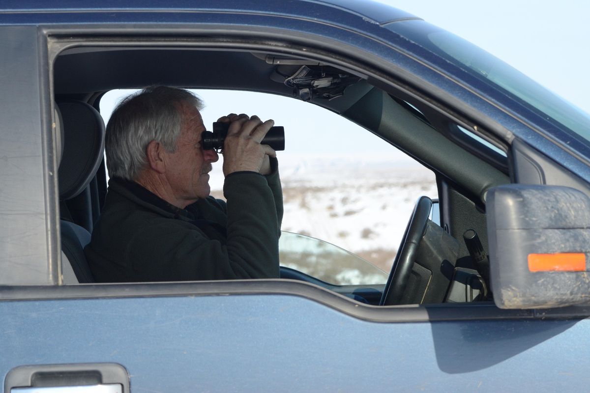 Joe Greenhaw, a hunter and member of Safari Club International from Western Washington, scans lands near the Yakima Indian Reservation during a pronghorn survey in February.  Greenhaw has helped raise money for funding pronghorn reintroduction since 2001. Rich Landers/COUTESY (Rich Landers / The Spokesman-Review)