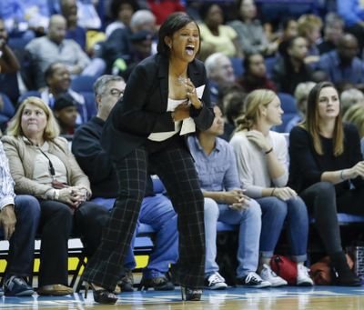 In this Oct. 2, 2016, file photo, then-Chicago Sky head coach Pokey Chatman yells to her team during Game 3 of the WNBA basketball semifinals against the Los Angeles Sparks, in Rosemont, Ill. The Indiana Fever hired Pokey Chatman as their new coach Friday, Nov. 18, 2016, bringing in an WNBA veteran in hopes of continuing their annual visits to the postseason. (Kamil Krzaczynski / Associated Press)