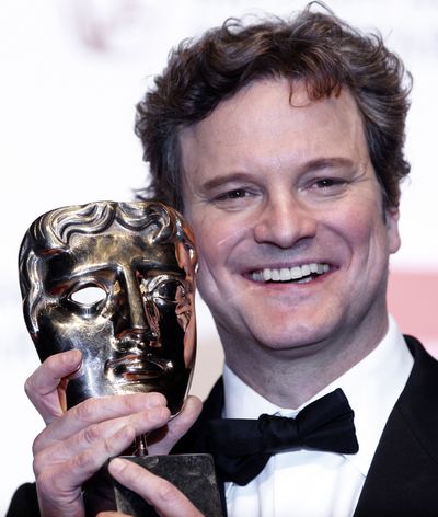 Colin Firth holds his BAFTA award for best actor Sunday. (Associated Press)
