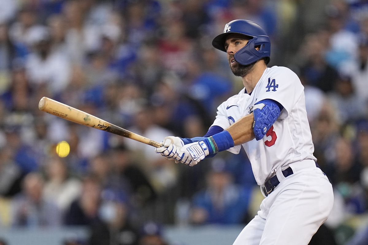 L.A.’s Chris Taylor hit a two-run homer in the 2nd inning against the Atlanta Braves in Game 5 of the NLCS Thursday in L.A.  (Jae C. Hong)