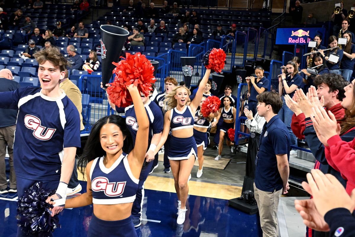 Gonzaga cheerleaders take the court before the Zags college basketball game with Western Oregon, Monday, Oct. 27, 2025, in the McCarthey Athletic Center.  (COLIN MULVANY/THE SPOKESMAN-REVIEW)