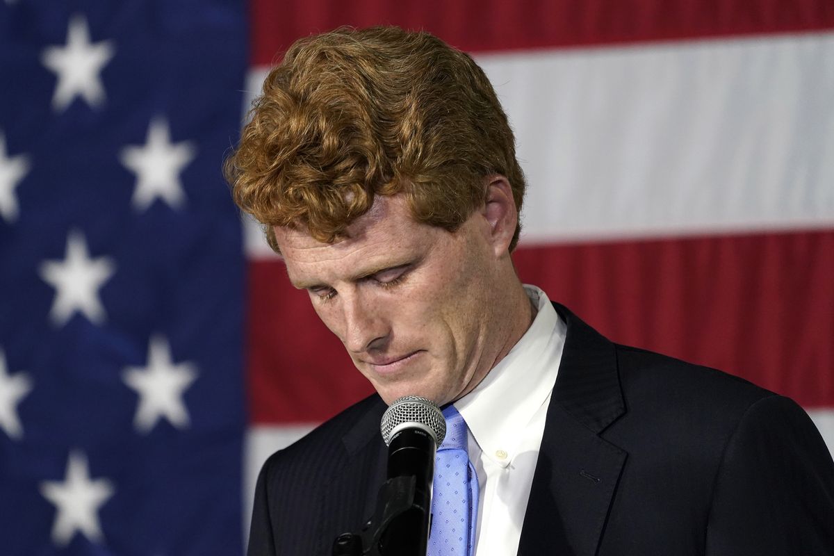 U.S. Rep. Joe Kennedy III speaks outside his campaign headquarters in Watertown, Mass., after conceding defeat to incumbent U.S. Sen. Edward Markey, Tuesday, Sept. 1, 2020, in the Massachusetts Democratic Senate primary.  (Charles Krupa)