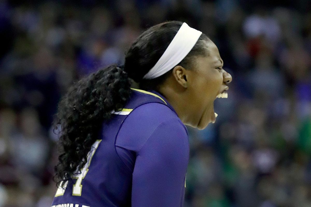 Notre Dame’s Arike Ogunbowale reacts during the second half against Mississippi State in the final of the women