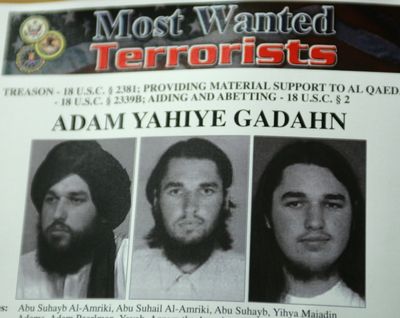 This  2006 file photo shows a wanted poster of Adam Yahiye Gadahn, who Pakistani officials say was arrested Sunday.  (File Associated Press)