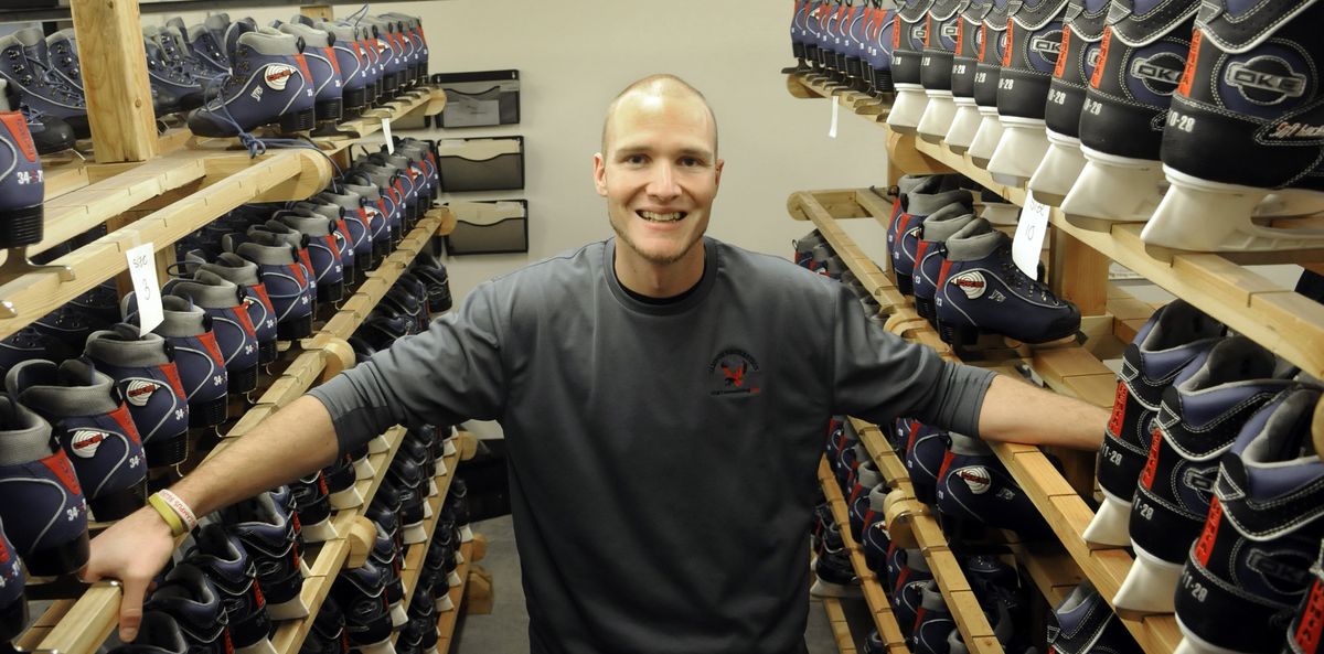 Jamie Gwinn, URC Manager, has hundreds of pairs of skates for rent at the EWU skating rink in Cheney. (Dan Pelle / The Spokesman-Review)