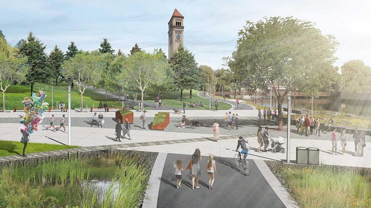 An illustration from the City of Spokane showing the design plan for what’s being called the “East Promenade,” which will link the Howard Street bridge with the Lilac Bowl in Riverfront Park. (City of Spokane)