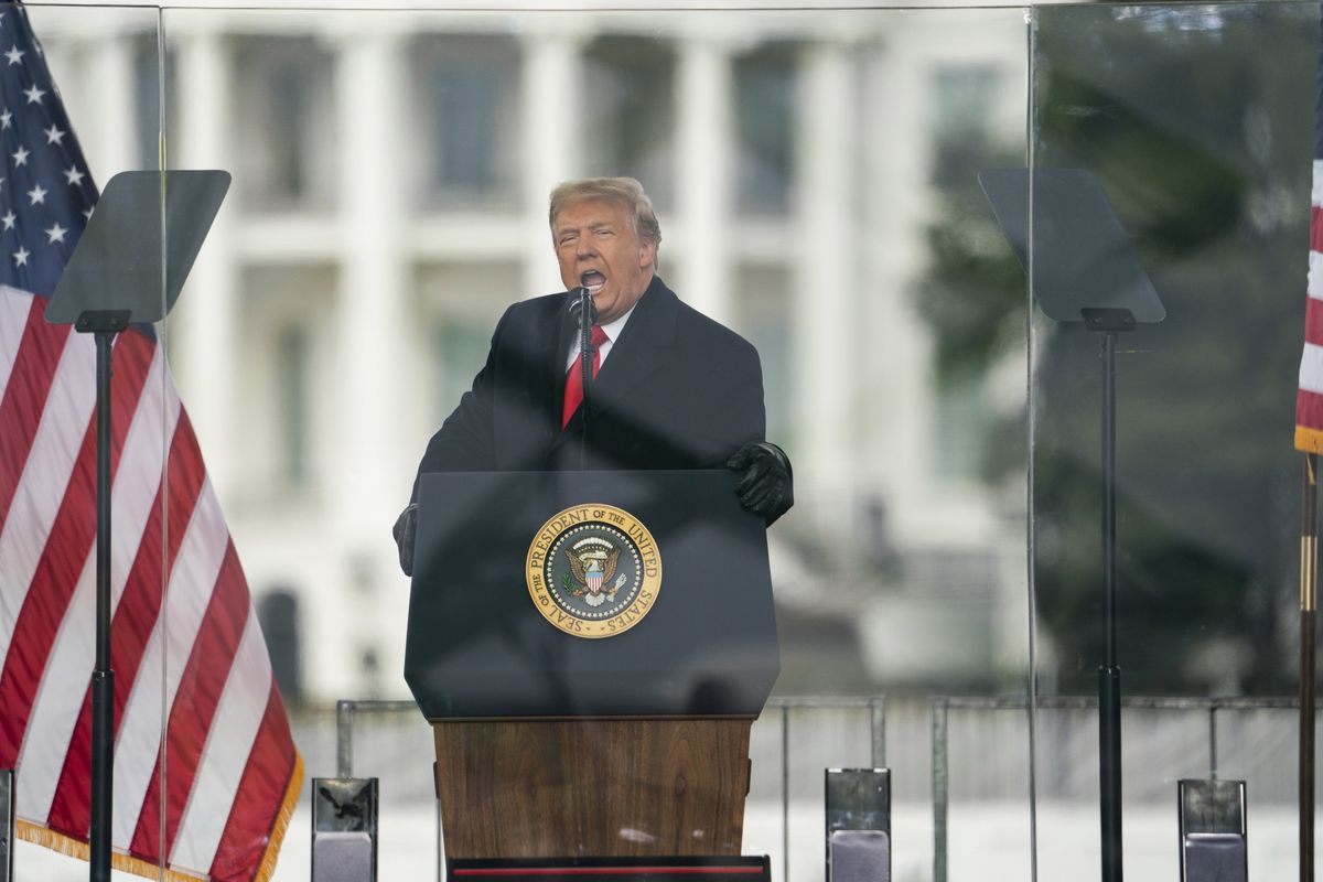 President Donald Trump speaks during a rally protesting the electoral college certification of Joe Biden as President, Wednesday, Jan. 6, 2021, in Washington. Trump enters the last days of his presidency facing a second impeachment and growing calls for his resignation after his supporters launched an assault on the nation’s Capitol in an effort to disrupt the peaceful transfer of power. Yet Trump will try to go on offense in his last 10 days, with no plans of resigning. Instead, Trump is planning to lash out against the companies that have now denied him his Twitter and Facebook bullhorns. And aides hope he will spend his last days trying to trumpet his policy accomplishments, beginning with a trip to Alamo, Texas Tuesday, Jan. 12, 2021.  (Evan Vucci)