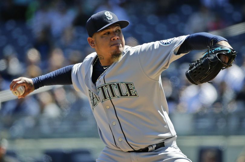Seattle Mariners pitcher Felix Hernandez delivers a pitch during the first inning of a baseball game against the New York Yankees Saturday, April 16,  in New York. (Frank Franklin II / Associated Press)