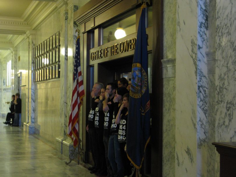 Gay rights protesters blockade all entrances to the Idaho governor's office on Tuesday morning (Betsy Russell)