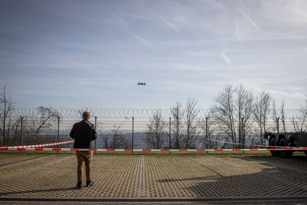A drone to be supplied to Ukrainian troops is tested at a military facility in Luxembourg on Feb. 9, 2023. Tiny Luxembourg planned to use its considerable wealth to buy weapons for Ukraine on the open market, but was left scrambling for ways to spend the money.    (Jim Huylebroek/The New York Times)