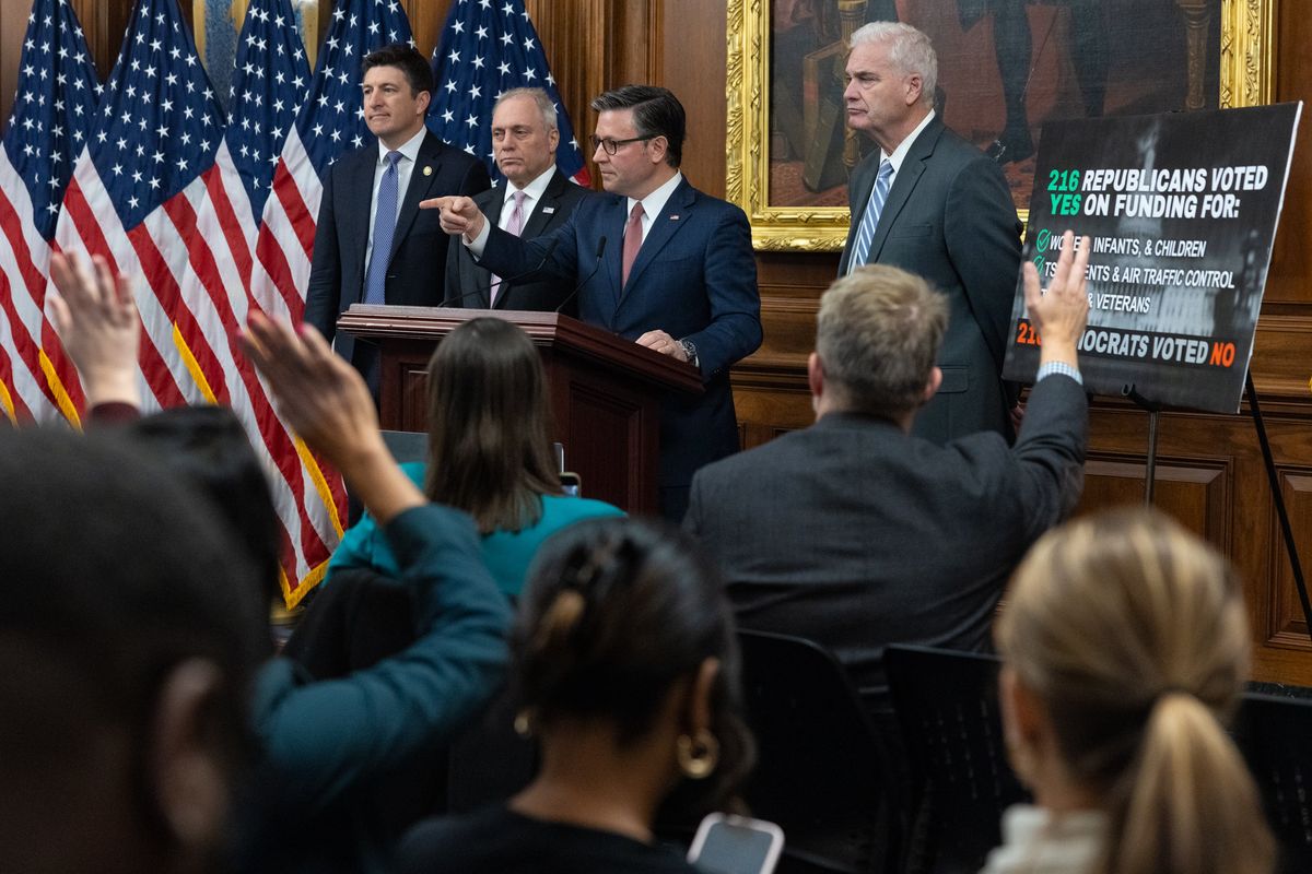 House Speaker Mike Johnson, R-La., takes questions from reporters during a news conference on the 10th day of a government shutdown on Friday in Washington, D.C.  (Getty Images)