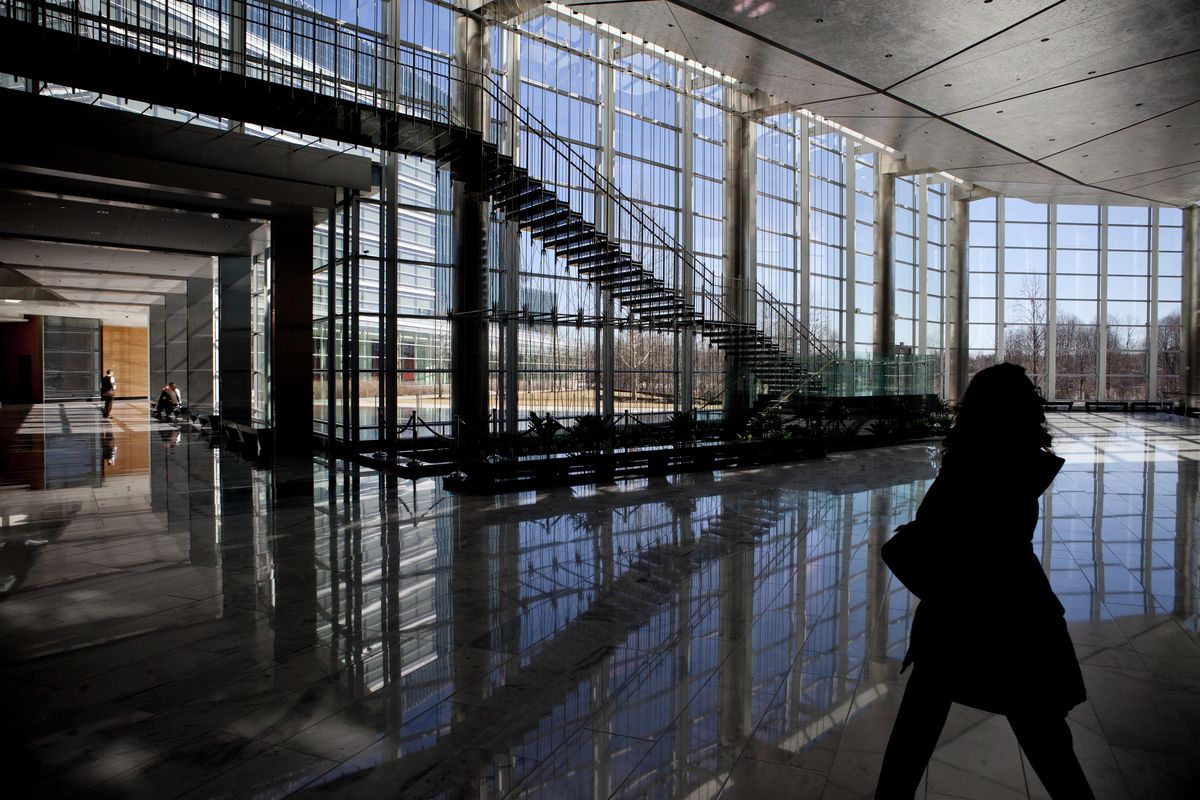 Lobby of Gannett Corp. headquarters in McLean, Va.    (Jeffrey MacMillan/For The Washington Post)