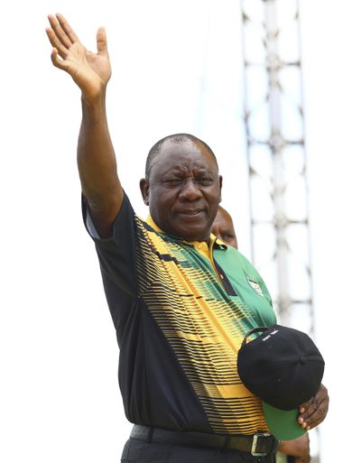 Newly-elected ruling African National Congress (ANC) party president Cyril Ramaphosa greets supporters attending the party’s 106th birthday celebrations in East London, South Africa, Saturday, Jan. 13, 2018. (Associated Press)