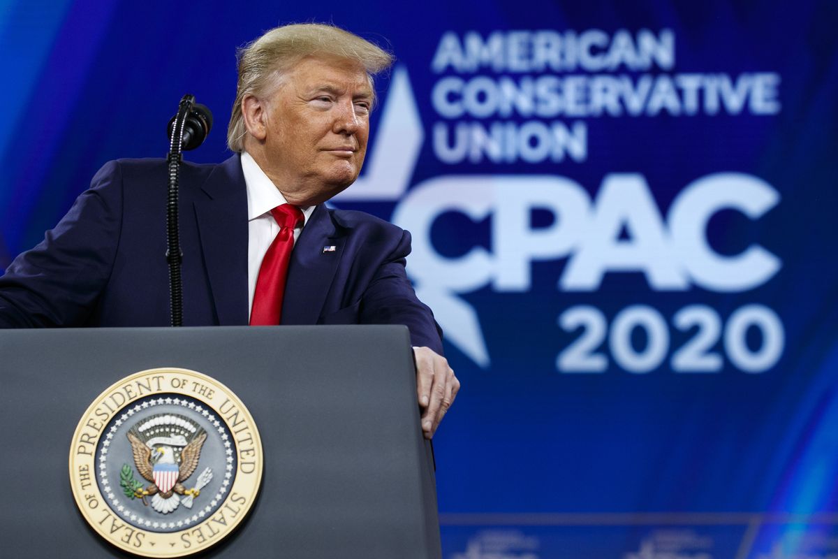 FILE - In this Feb. 29, 2020 file photo, President Donald Trump pauses while speaking at the Conservative Political Action Conference, CPAC 2020, at National Harbor, in Oxon Hill, Md.  (Jacquelyn Martin)