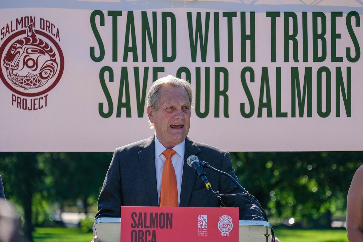 Rep. Mike Simpson, R-Idaho, speaks at a rally outside the U.S. Capitol on July 14, 2022, organized by Northwest tribes in support of breaching the Lower Snake River dams to help restore salmon runs.  (Orion Donovan-Smith, The Spokesman-Review)