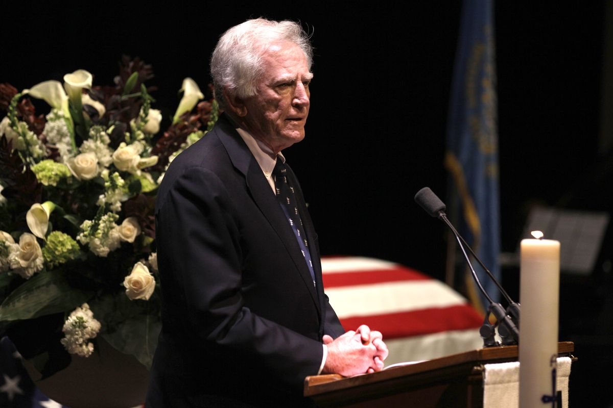 Former U.S. Sen. Gary Hart  speaks during funeral services for former Democratic U.S. Senator and three-time presidential candidate George McGovern at the Washington Pavilion of Arts and Sciences in Sioux Falls, S.D., Friday, Oct. 26, 2012. McGovern died Sunday Oct. 21, 2012, in his native South Dakota at age 90. (M. Green / Ap Pool)