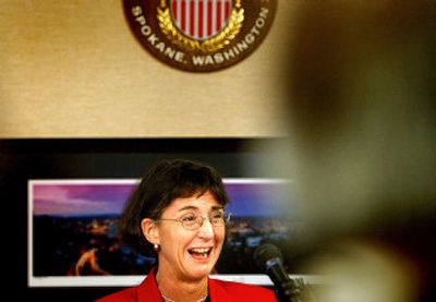 
 Kirkpatrick greets the press at City Hall.  
 (Brian Plonka / The Spokesman-Review)