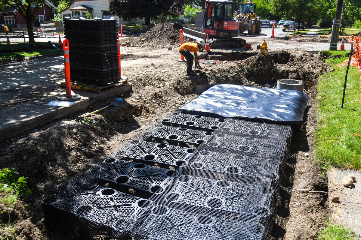 The city is installing some new technology in the West Central neighborhood designed to trap stormwater from stressing the combined sewer system. The "Silva cells" are being buried beneath landscaping in the West Central neighborhood, like this one at the corner of Sinto Avenue and A Street, Thursday, July 19, 2018. (Dan Pelle / The Spokesman-Review)