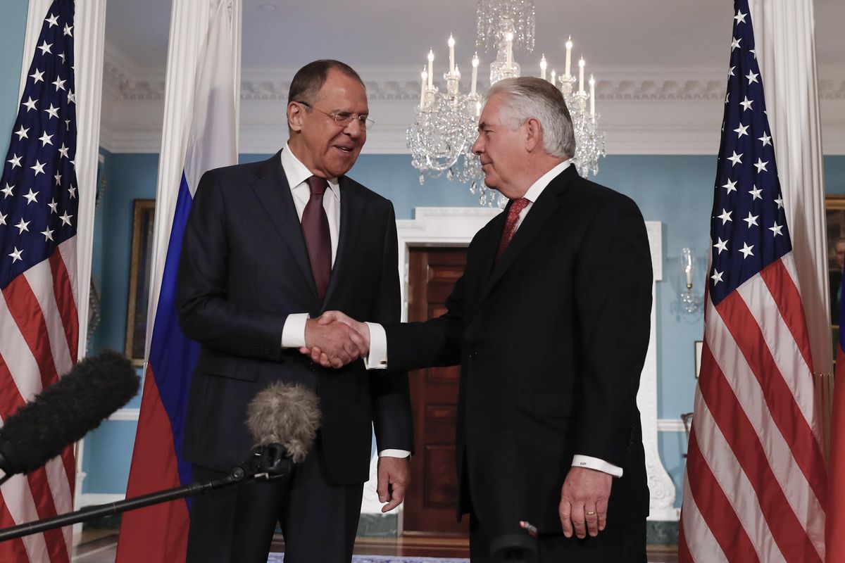 Secretary of State Rex Tillerson, right, shakes hands with Russian Foreign Minister Sergey Lavrov at the State Department in Washington, Wednesday, May 10, 2017. (AP Photo/Carolyn Kaster) ORG XMIT: DCCK107 (Carolyn Kaster / AP)