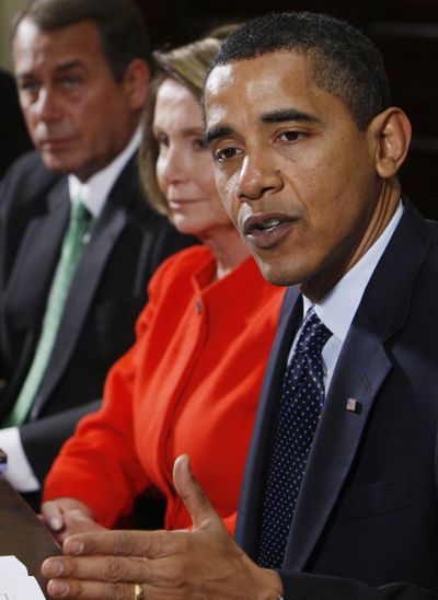 President Barack Obama speaks to reporters Friday during a meeting about the economy with congressional leaders.  (Associated Press / The Spokesman-Review)