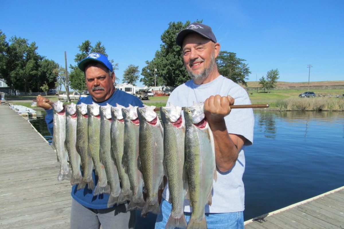 Anglers pose with their limits of rainbow trout caught in early June at Sprague Lake (Four Seasons Resort and Campground)