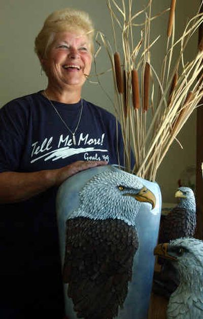 
Kathi Easterly of Post Falls displays the winning ceramic eagles that she created for past competitions in the North Idaho Fair and Rodeo. Kathi Easterly of Post Falls displays the winning ceramic eagles that she created for past competitions in the North Idaho Fair and Rodeo. 
 (Kathy Plonka/Kathy Plonka/ / The Spokesman-Review)