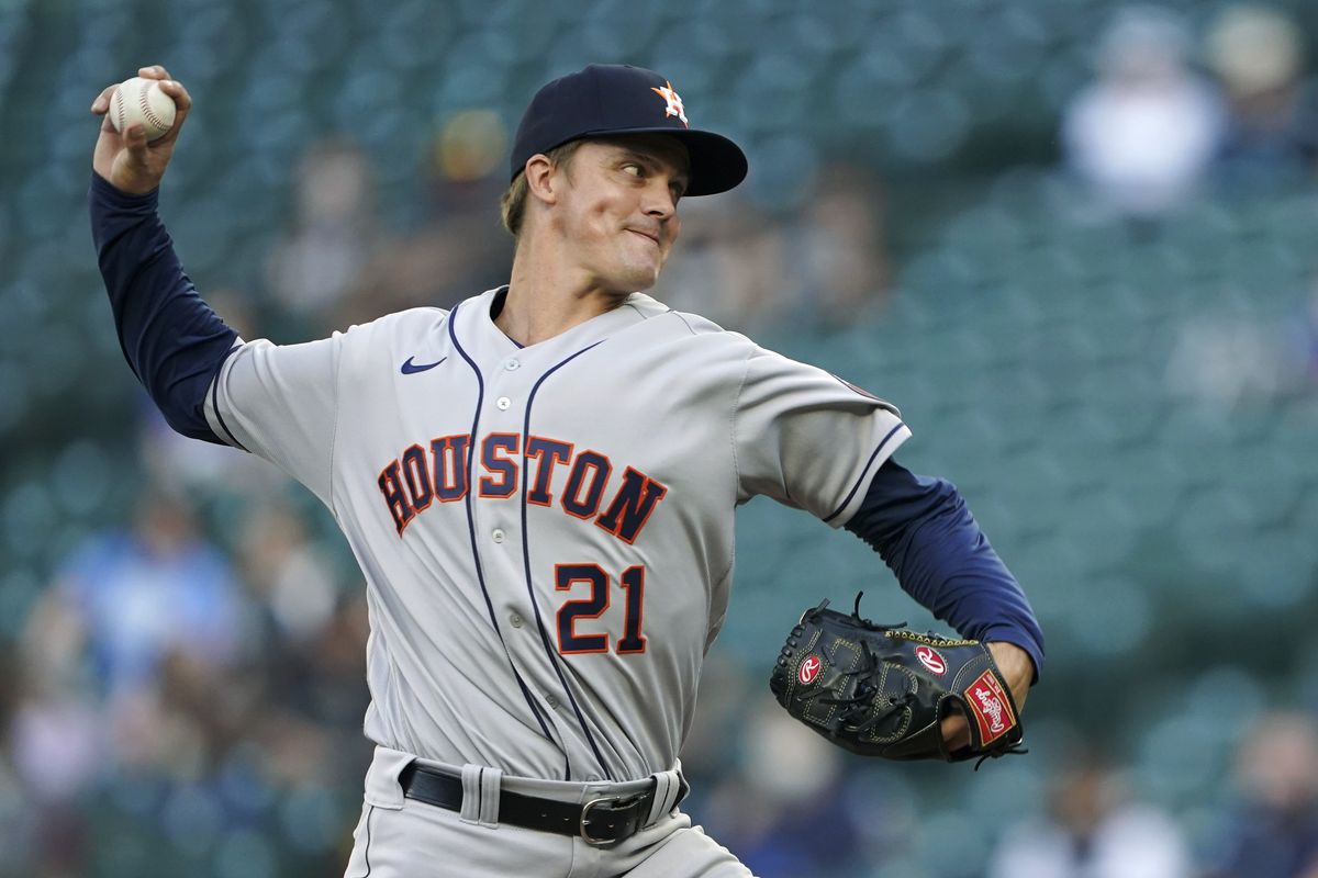 Houston Astros starting pitcher Zack Greinke throws to a Seattle Mariners batter during the first inning of a baseball game Saturday, April 17, 2021, in Seattle.  (Associated Press)