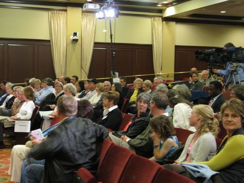 A crowd of about 75 gathered in the Capitol Auditorium for the Idaho Supreme Court candidates debate on Tuesday. (Betsy Russell)