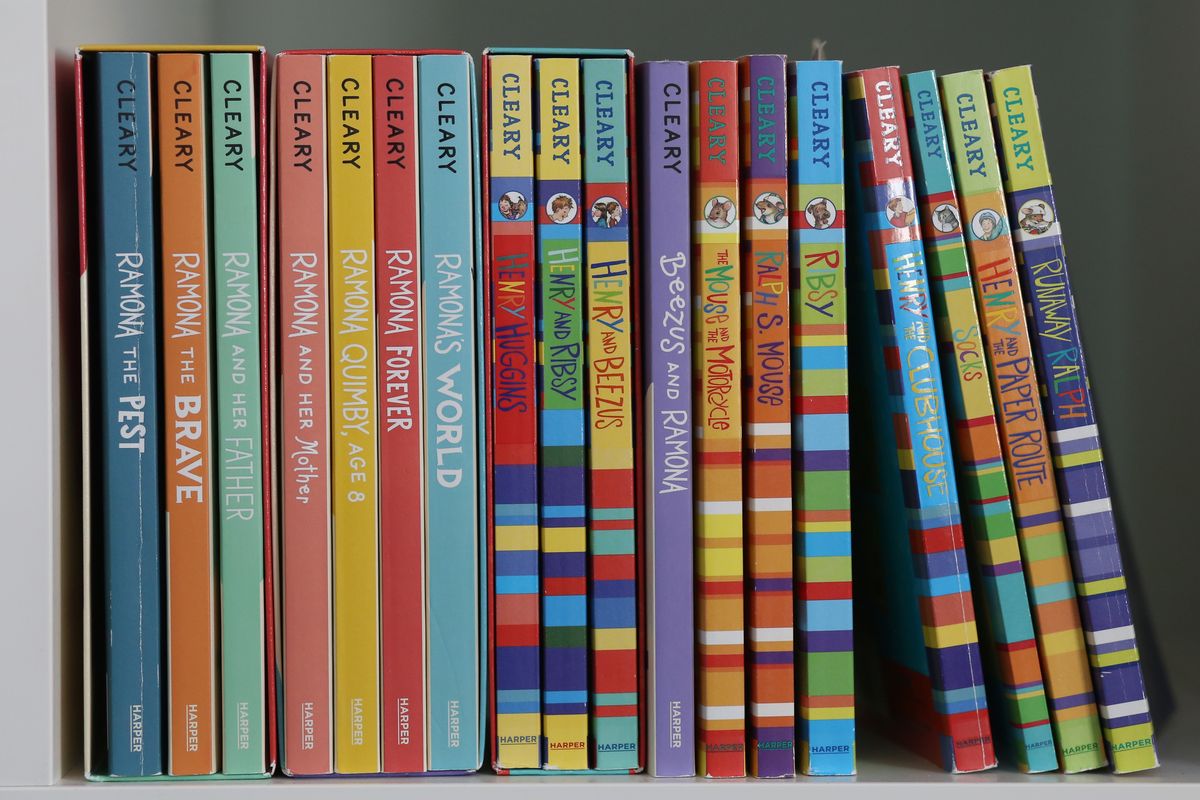 A collection of books by Beverly Cleary on a home bookshelf. The beloved children’s author, whose characters Ramona Quimby and Henry Huggins enthralled generations of youngsters, died on March 25.  (Anthony McCartney/Associated Press)