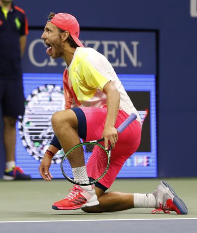 Lucas Pouille, of France, reacts after beating Rafael Nadal, of Spain. (Alex Brandon / Associated Press)