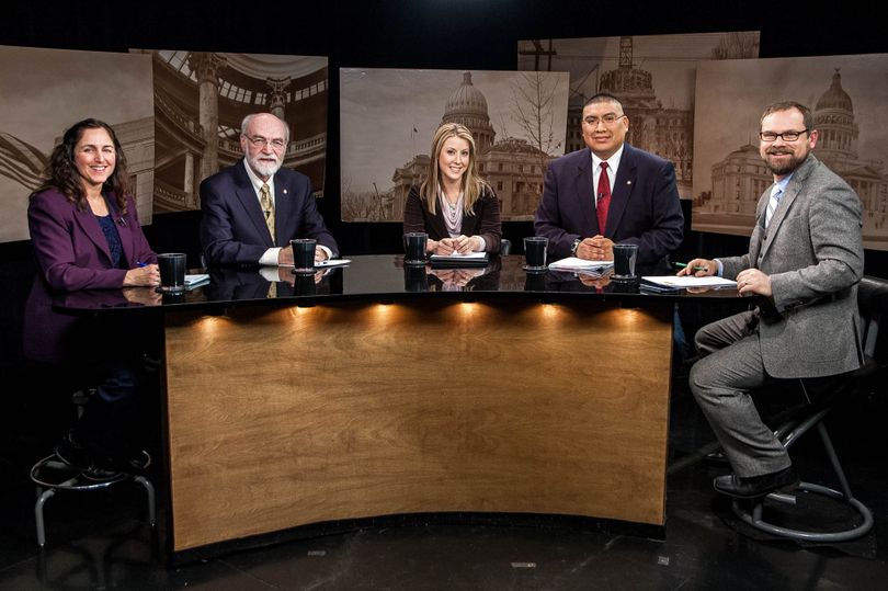 From left, Betsy Russell, Jim Weatherby, Emilie Ritter Saunders, Aaron Kunz and host Greg Hahn on Idaho Public TV's 